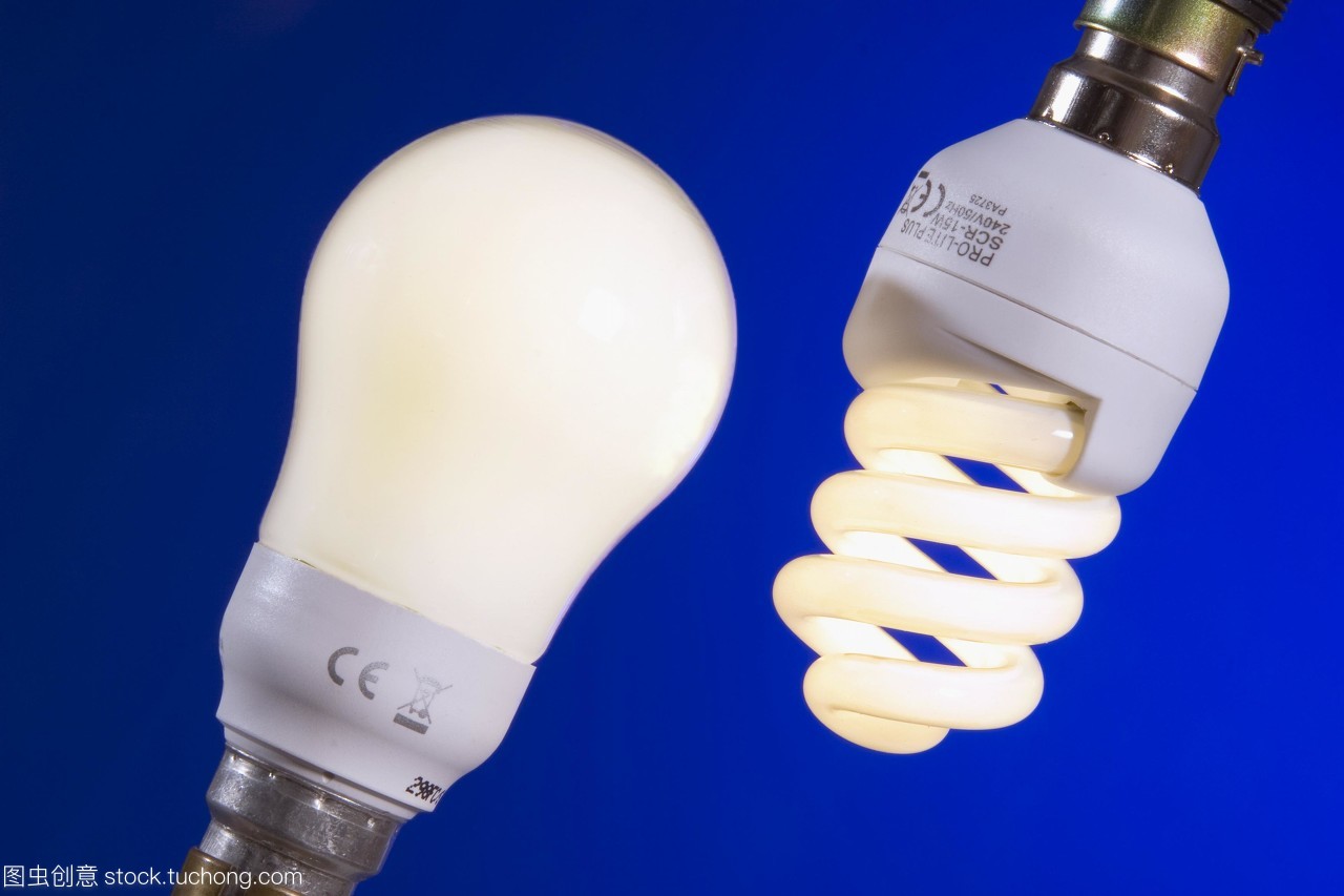 節(jié)能燈泡。兩種不同類型的緊湊型熒光燈cfl或節(jié)能燈泡,包括螺旋型左和圓形右。螺旋型為11瓦,相當(dāng)于60瓦白熾燈。圓型為15瓦,相當(dāng)于75瓦白熾燈。熒光燈泡比燈絲燈泡產(chǎn)生的熱量要少,因此更多的電能轉(zhuǎn)化為光,使它們更有效率。